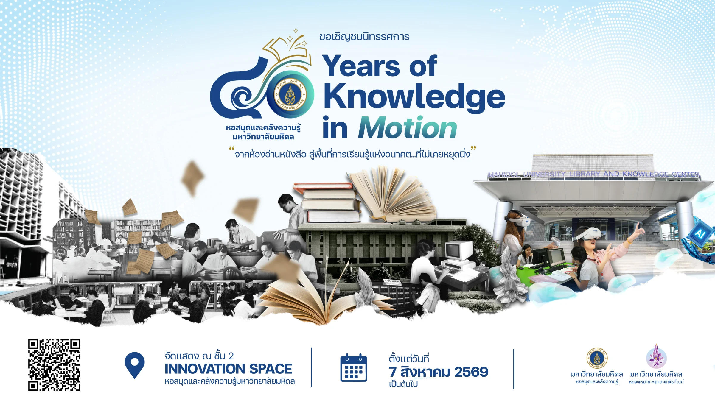 ขอเชิญชมนิทรรศการ ๔๐ ปี หอสมุดและคลังความรู้มหาวิทยาลัยมหิดล — 40 Years of Knowledge in Motion จากห้องอ่านหนังสือ สู่พื้นที่การเรียนรู้แห่งอนาคต จัดแสดง ณ ชั้น ๒ Innovation Space หอสมุดและคลังความรู้มหาวิทยาลัยมหิดล ตั้งแต่วันที่ ๗ สิงหาคม ๒๕๖๙ เป็นต้นไป